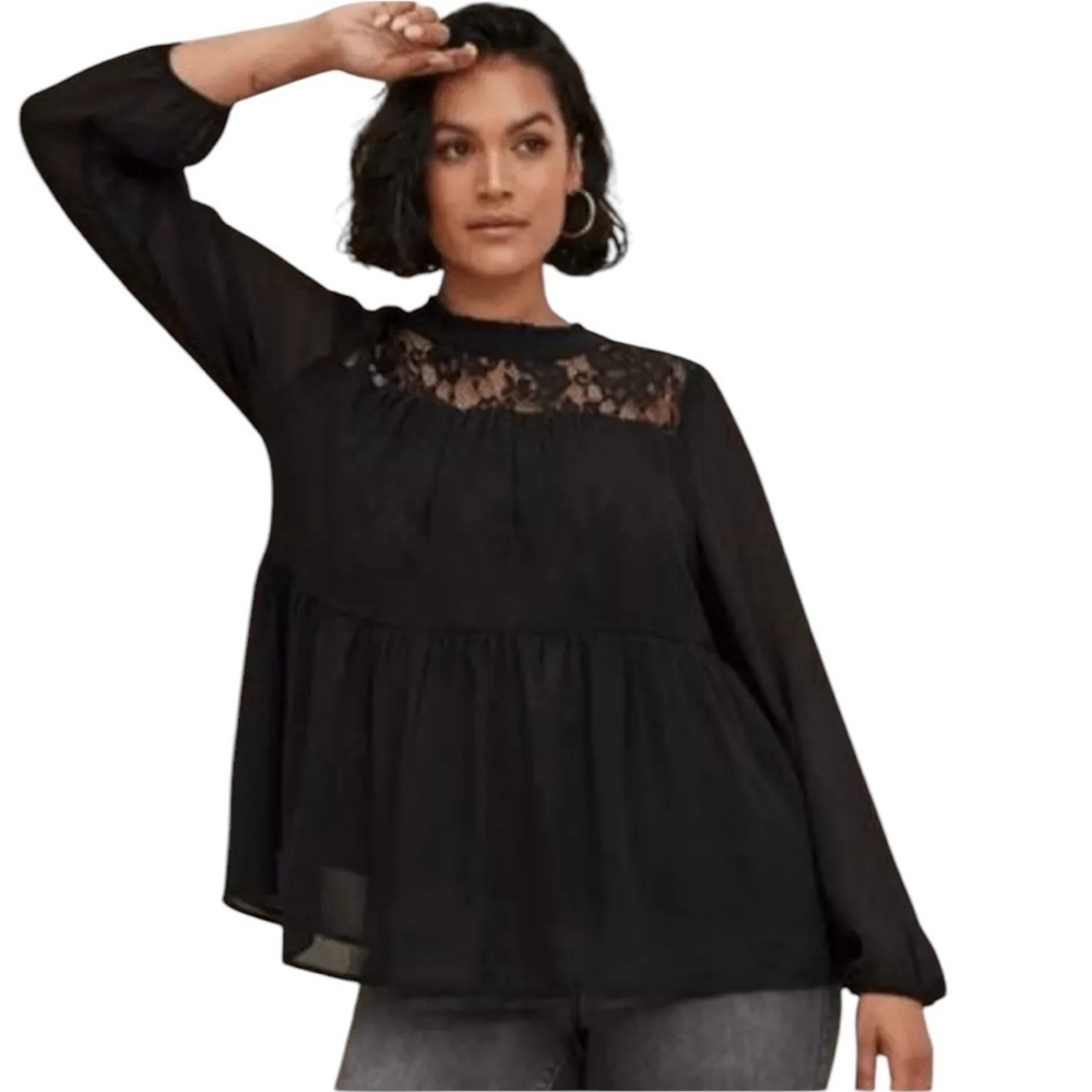 Torrid Black Lace With Chiffon Overlay Blouse size 2